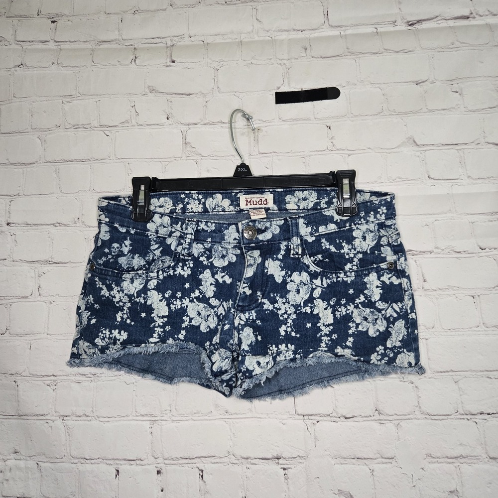 Y2k Mudd Blue Floral Ultra Low Rise Denim Cut Off Booty Shorts Trashy Mcbling